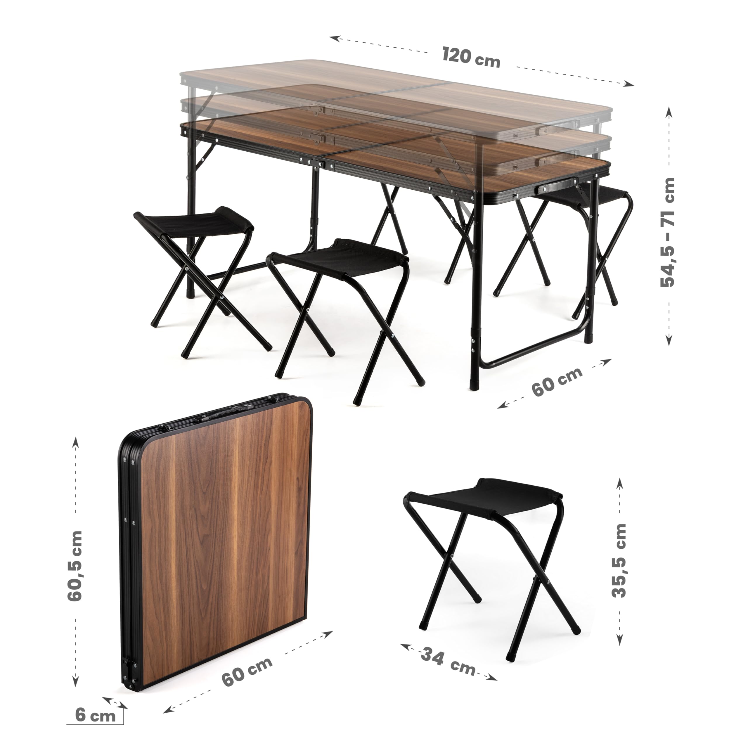 Outtec Campingtafel met 4 stoelen, hoogte draagbare inklapbare grilltafel 120 x 60 cm draaggreep, aluminium klaptafel, inklapbare krukken voor camping, picknick, barbecue, tuin (hout