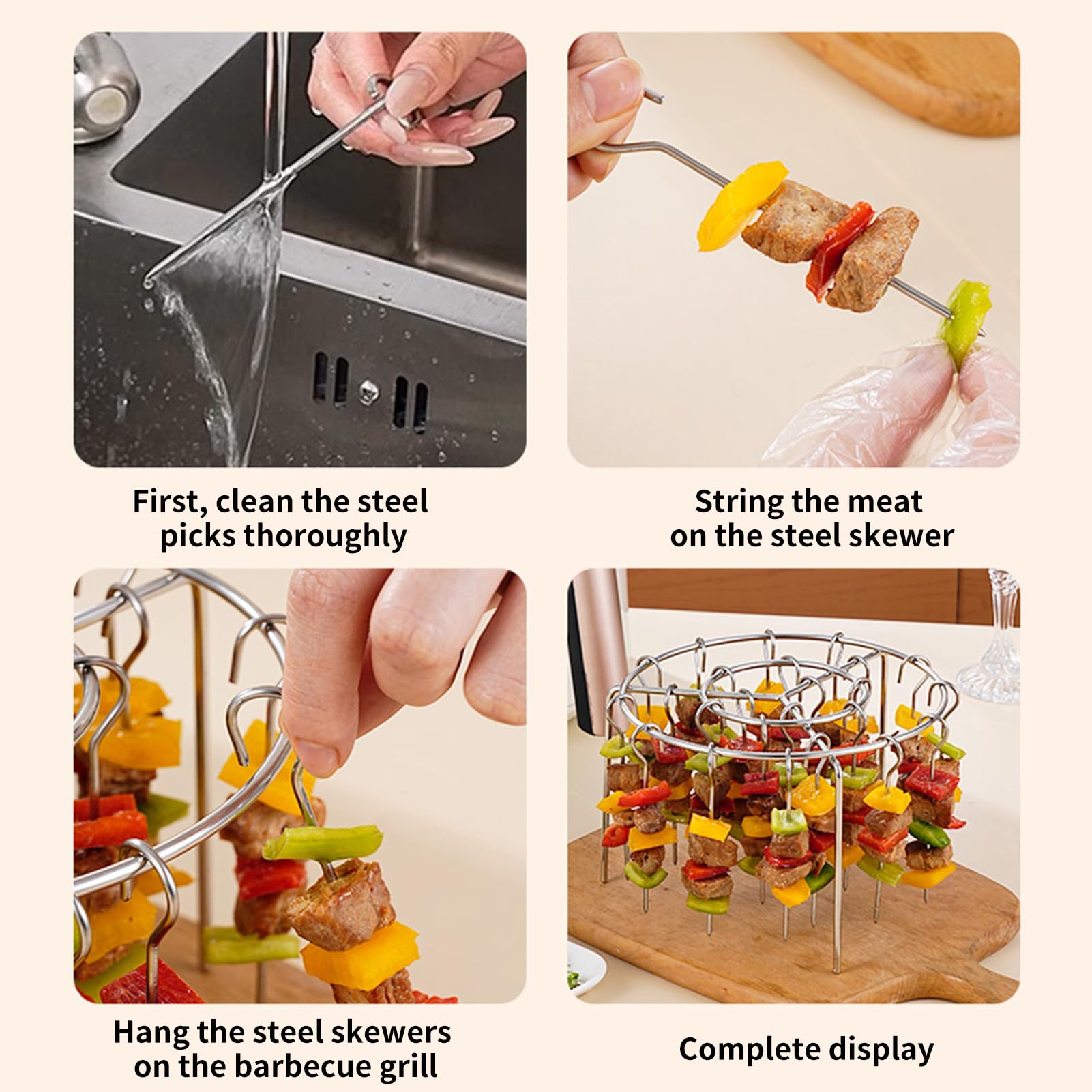 2025 New Air Fryer Grill Skewer Rack, Stainless Steel BBQ Kabob Set, 30 Vertical Meat Skewers with Round Hanging (1)