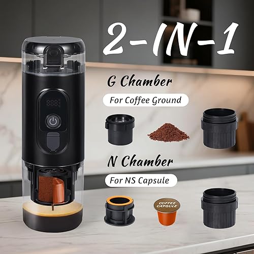 Miniatura 6 de Máquina de café portátil con pantalla inteligente, 20 bar, autocalentable, USB-C, para automóvil, campamento y viajes, compatible 2 en 1 con