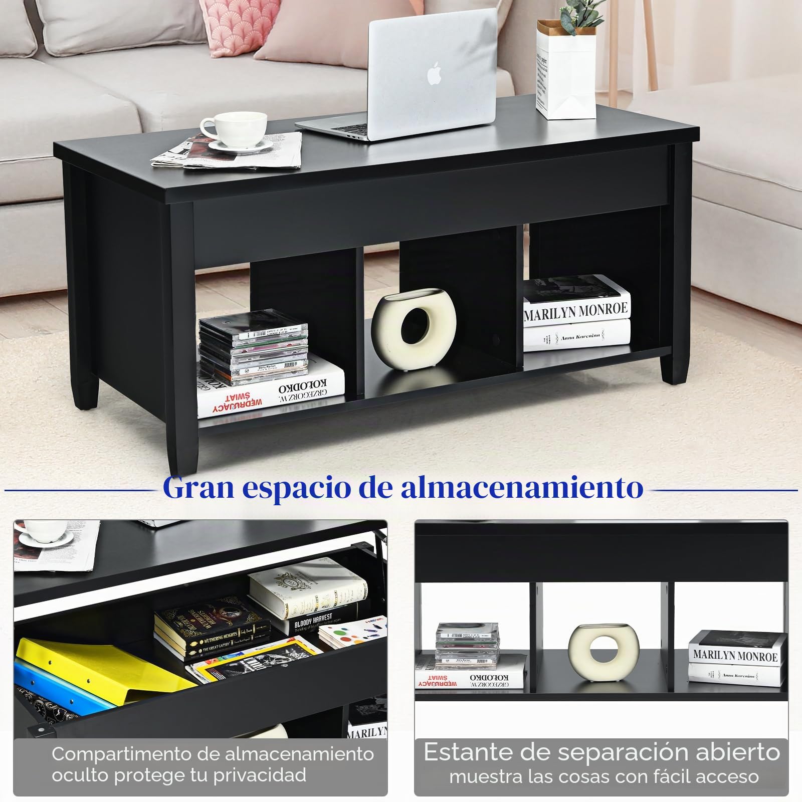 GOPLUS Mesa de Centro Elevable, Mesa Baja Café con Compartimento Oculto y 3 Compartimentos de Almacenamiento, Decorativo para Salón y Oficina (105x52x63 cm, Negro)