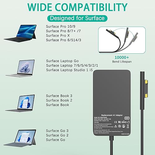 Miniatura 2 de Cargador Surface Pro de 65 W, reemplazo de cargador para laptop Microsoft Surface Pro 10,9,8,7+,7,6,5,4,3,X, Surface Laptop 6,5,4,3,2,1, Surface