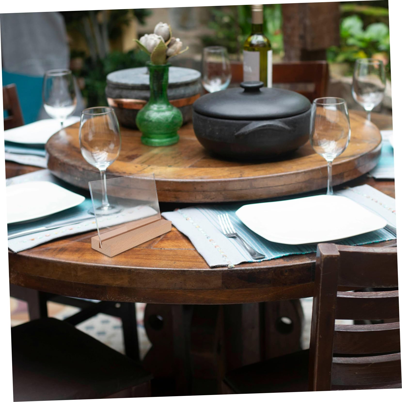 Soporte para Letreros de Escritorio con Base de Madera, Acrílico Transparente, Diseño Horizontal Estable, Adecuado para Oficinas y Restaurantes, Paquete de 5 Unidades