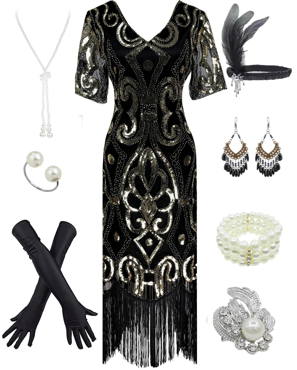 Women's 1920s Gatsby Inspired Sequin Beads Long Fringe Flapper Dress w/Accessories Set