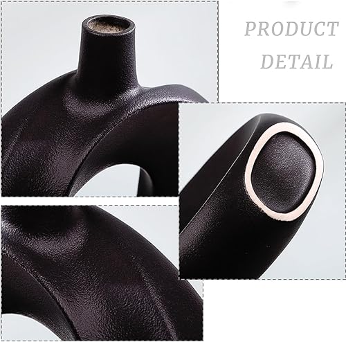 Miniatura 2 de Juego de 2 jarrones de cerámica negra, jarrones de flores de dona mate para decoración moderna del hogar, jarrones decorativos de estilo bohemio