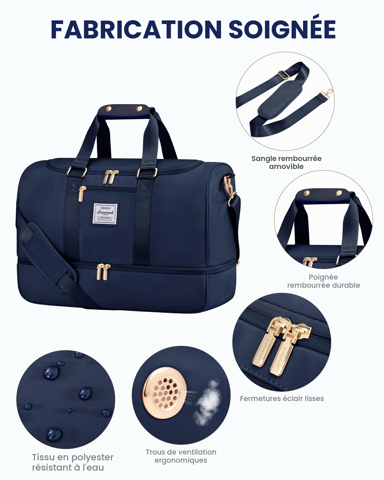 LOVEVOOK sac de sport pour femme - Grand sac de voyage avec trousse de toilette et compartiments à chaussures et humide - Imperméable