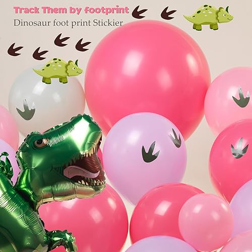 Miniatura 6 de Kit de guirnalda de globos de dinosaurio rosa, 150 globos de color rosa pastel, verde, morado, globo de dinosaurio de aluminio y calcomanía de