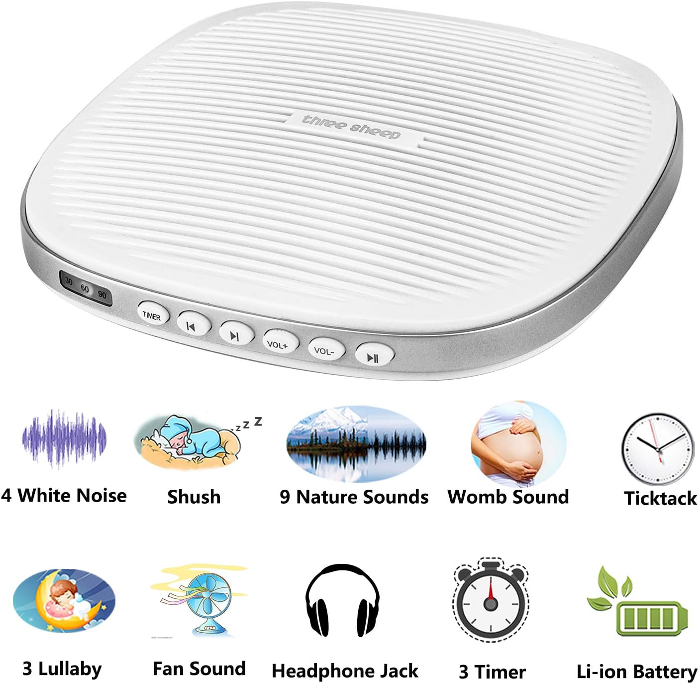 three sheep White Noise Machine, Sound Machine with 20 Soothing Sleep Sound, Timer, Therapy System for Baby, Adult and Insomniac, Office and Travel (White)