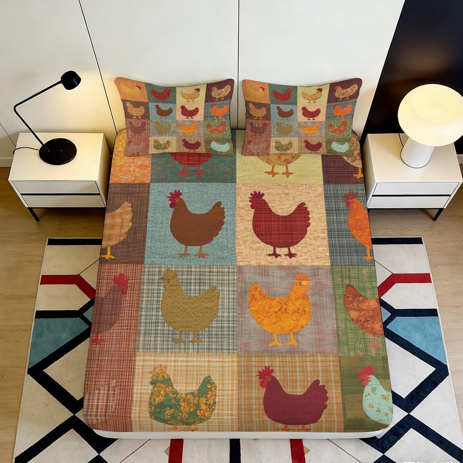 Pnayamiorkfel Style-7 3D Printed Farmhouse Patchwork Chicken Fitted Sheet Microfiber Soft Colorful Hen Bed Cover For Bedroom Guest Room 90X200x25cm