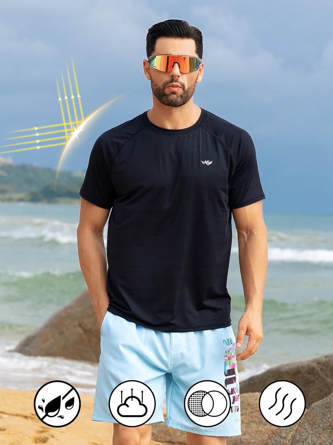 Men's Rash Guard Swim Shirts UPF 50+ Short Sleeve Fishing Quick Dry Beach-Recommended Larger one