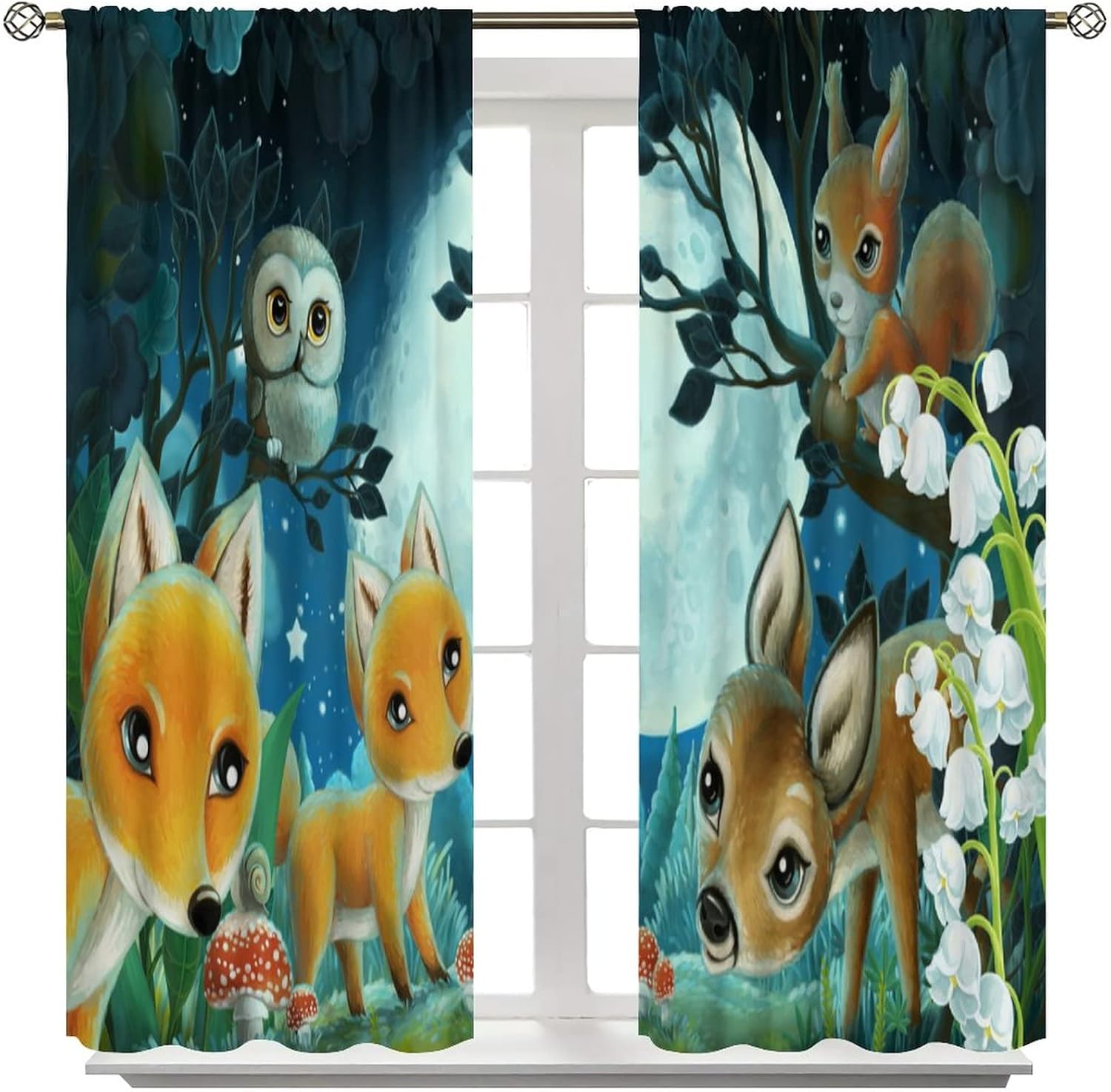 Cartoon Forest Animal Curtains for Kids,Night Rustic Woodland Cute Wild Animal Deer Fox Owl Print Nursery Baby Boy Girl Bedroom Décor Living Room Polyester Fabric Window Drapes 2 Panel Set 63" x 63"