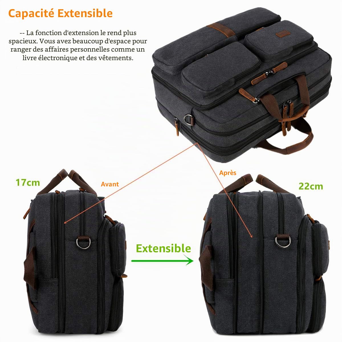Baosha Sac à main 3 en 1 en toile et cuir convertible pour ordinateur portable - Sac à dos multifonction pour ordinateur portable de 15,6 à 17,3" - Pour homme/femme - BC-11, Noir