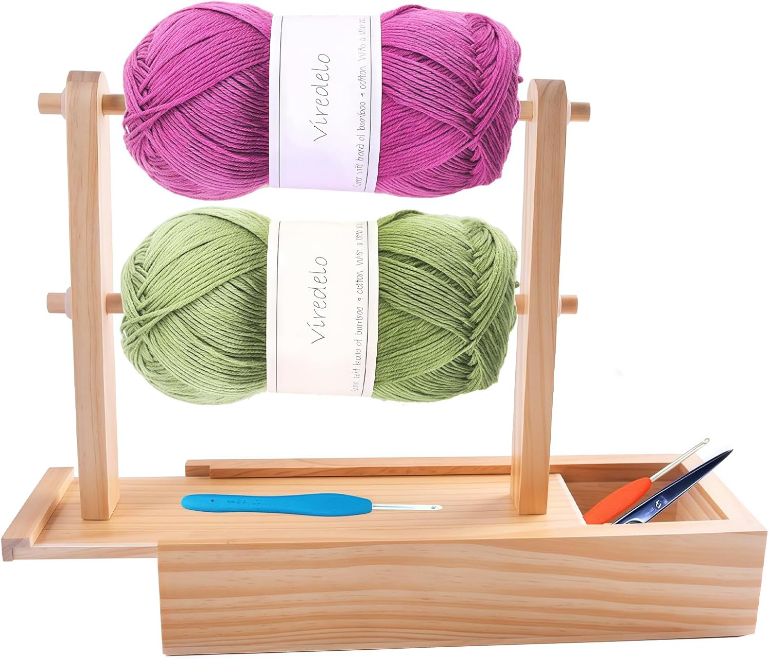 Viredelo Yarn Holder Dispenser for Crocheting,Crochet Yarn Holder with Storage Box,Twizzter Portable Yarn Holder,Yarn Holder for Crocheting,Handmade Wood Yarn Dispenser,Yarn Ball Holder,Burlywood