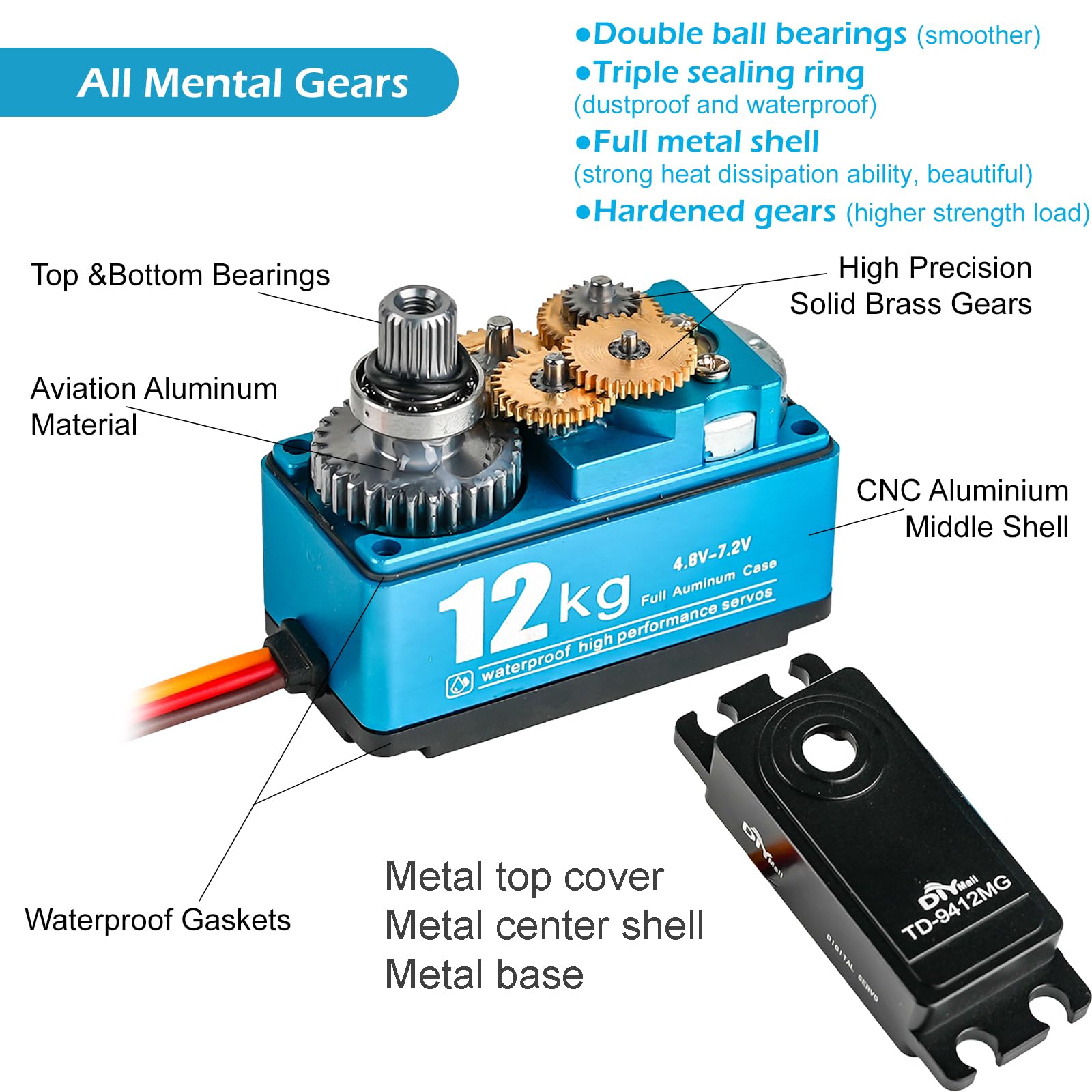 TD-9412 12KG Servo a basso profilo Full Metal High Torque RC Digital Servo 180 ° IP67 impermeabile Servo ad alta velocità per 1/10 RC Car