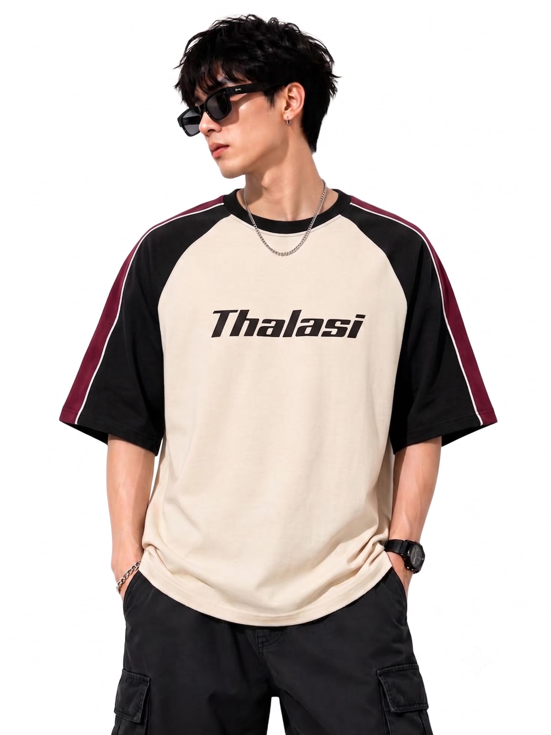 thalasi Men's Oversized T-Shirt Raglan Sleeve Colorblock Cotton Loose Fit Tee Shirt Casual Drop Shoulder High-Street Crew Neck Typography Printed Tee-picture-28
