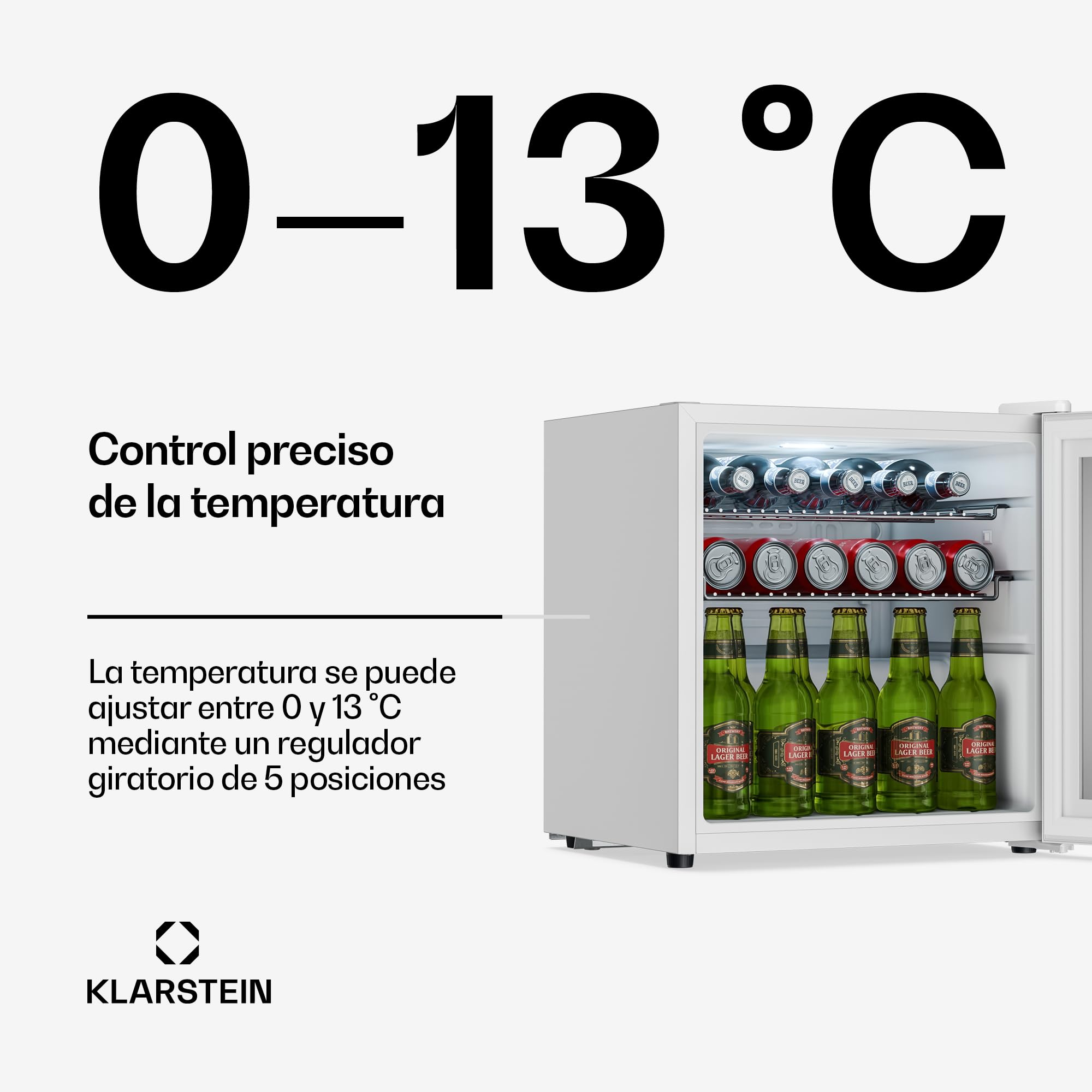KLARSTEIN Beersafe Nevera para Bebidas - 47L, Puerta de Cristal Espejo, 0-13°C, 2 Estantes Metálicos Extraíbles, Frigorifico para Bebidas, Control Giratorio, Bajo Ruido