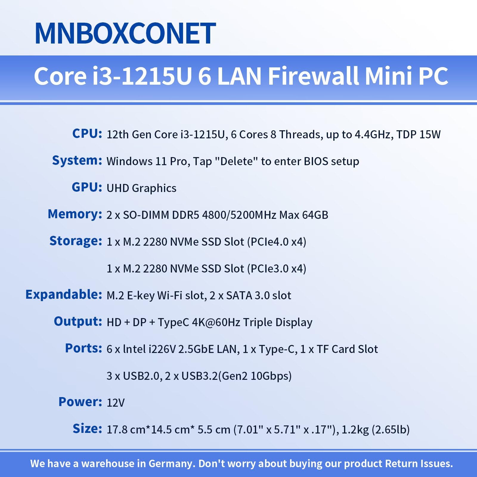 Mini PC Firewall Lüfterlos Core i3 1215U(up to 4.4GHz), DDR5 Barebone Micro Appliance Hardware Computer 6 x 2.5GbE I226-V LAN, OPNsense, USB C, TF, AES-NI