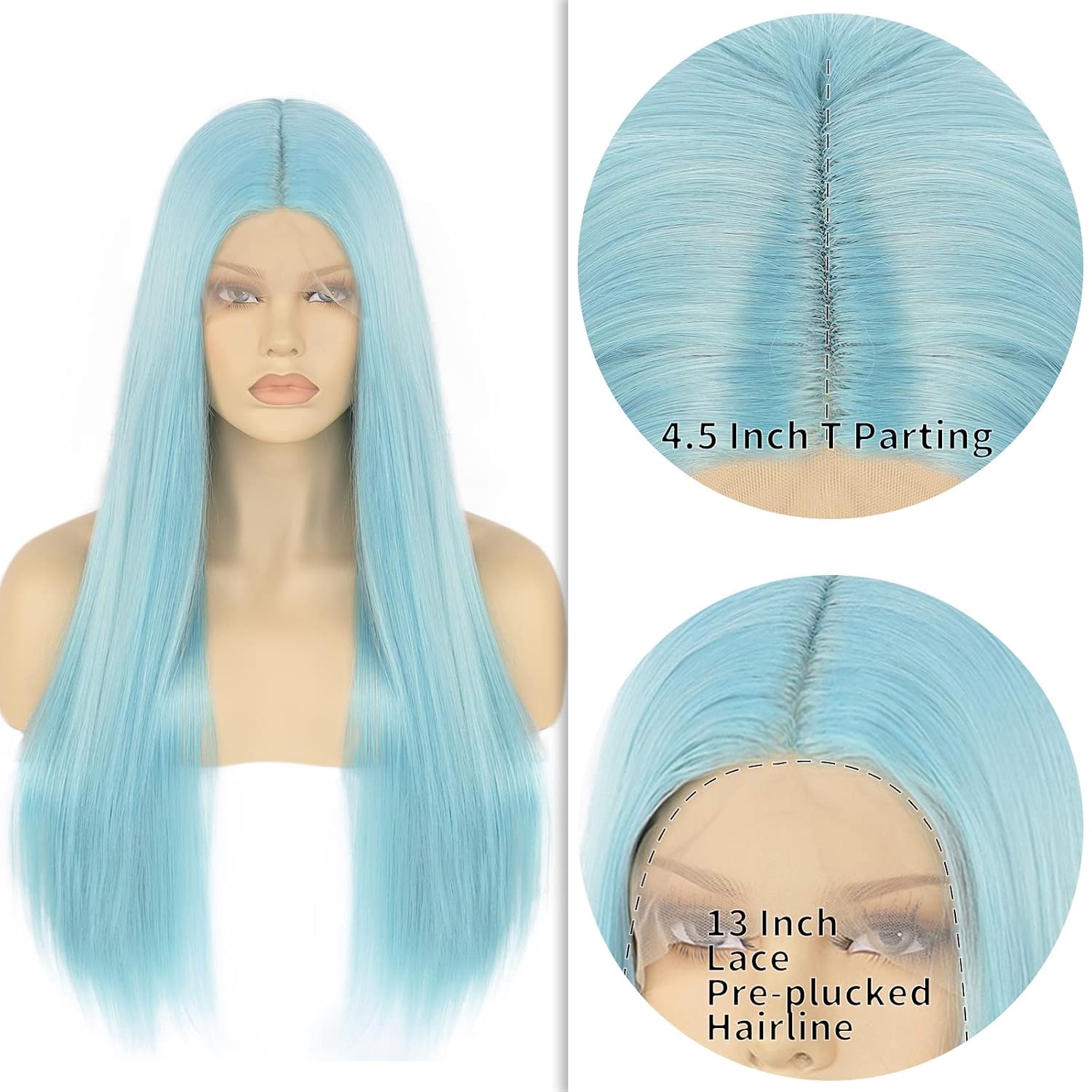 Blue Lace Front Wig for Women+ Wig Cpa Long Straight Natural Blue Synthetic Middle T Part Lace Front Wig for Halloween Daily Wear