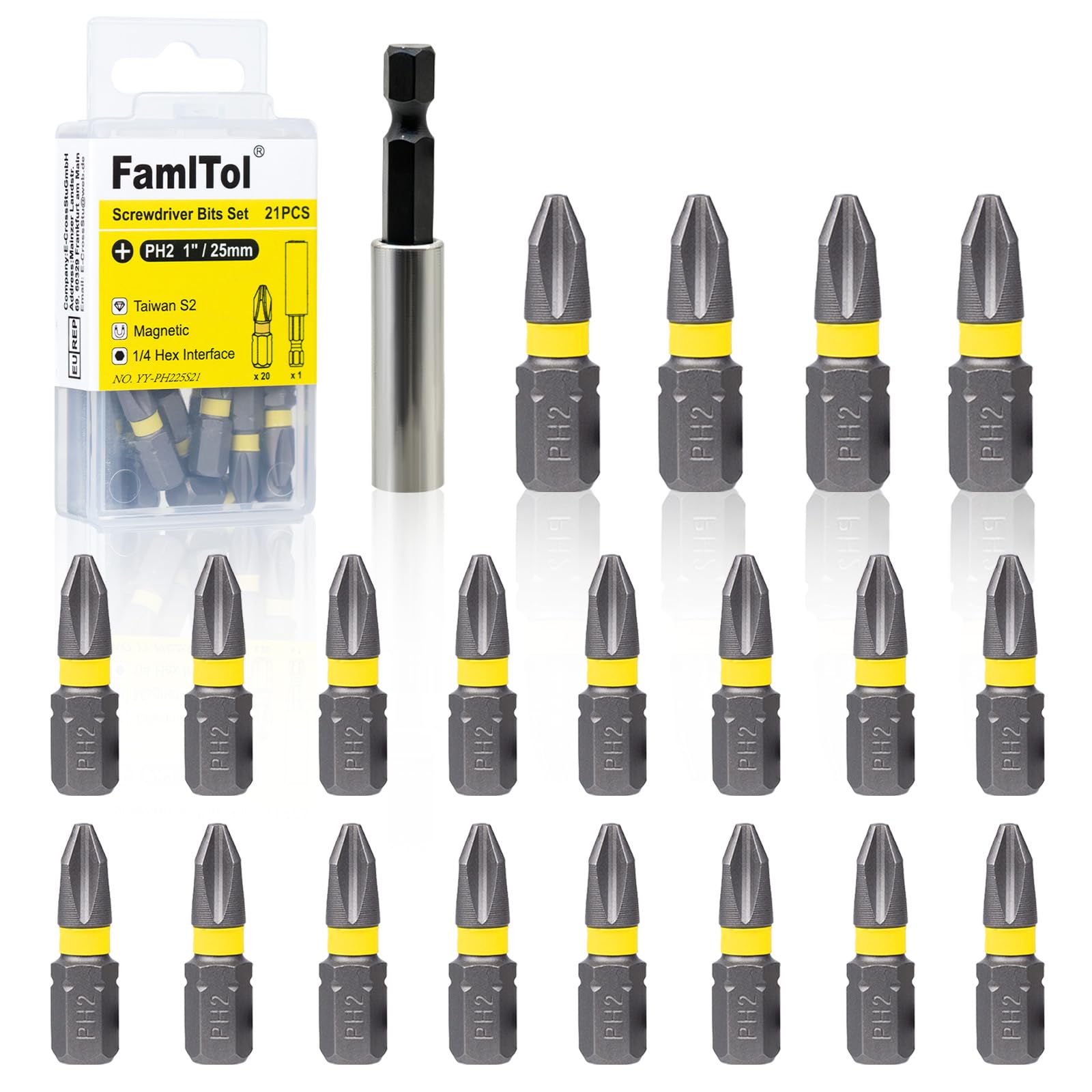 FamlTol 20Pcs PH2 Impact Driver Bits 25mm with 1 Magnetic Impact Bit Holder