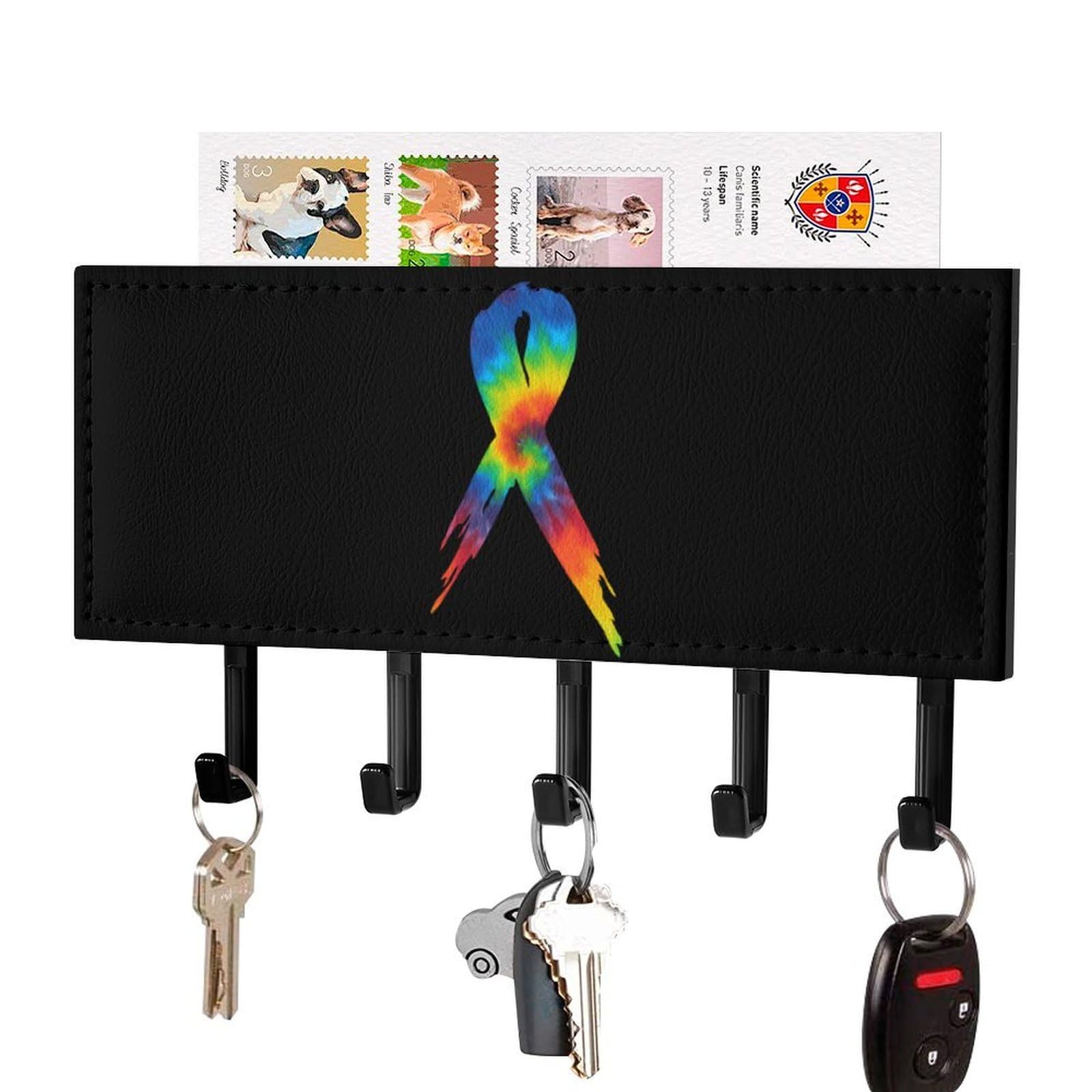 NCLQVJXZKHW Tie Dye Breast Cancer Key Holder with 5 Hooks Key Hooks Wall Mounted Key Racks Key Hanger Organiser Shelf
