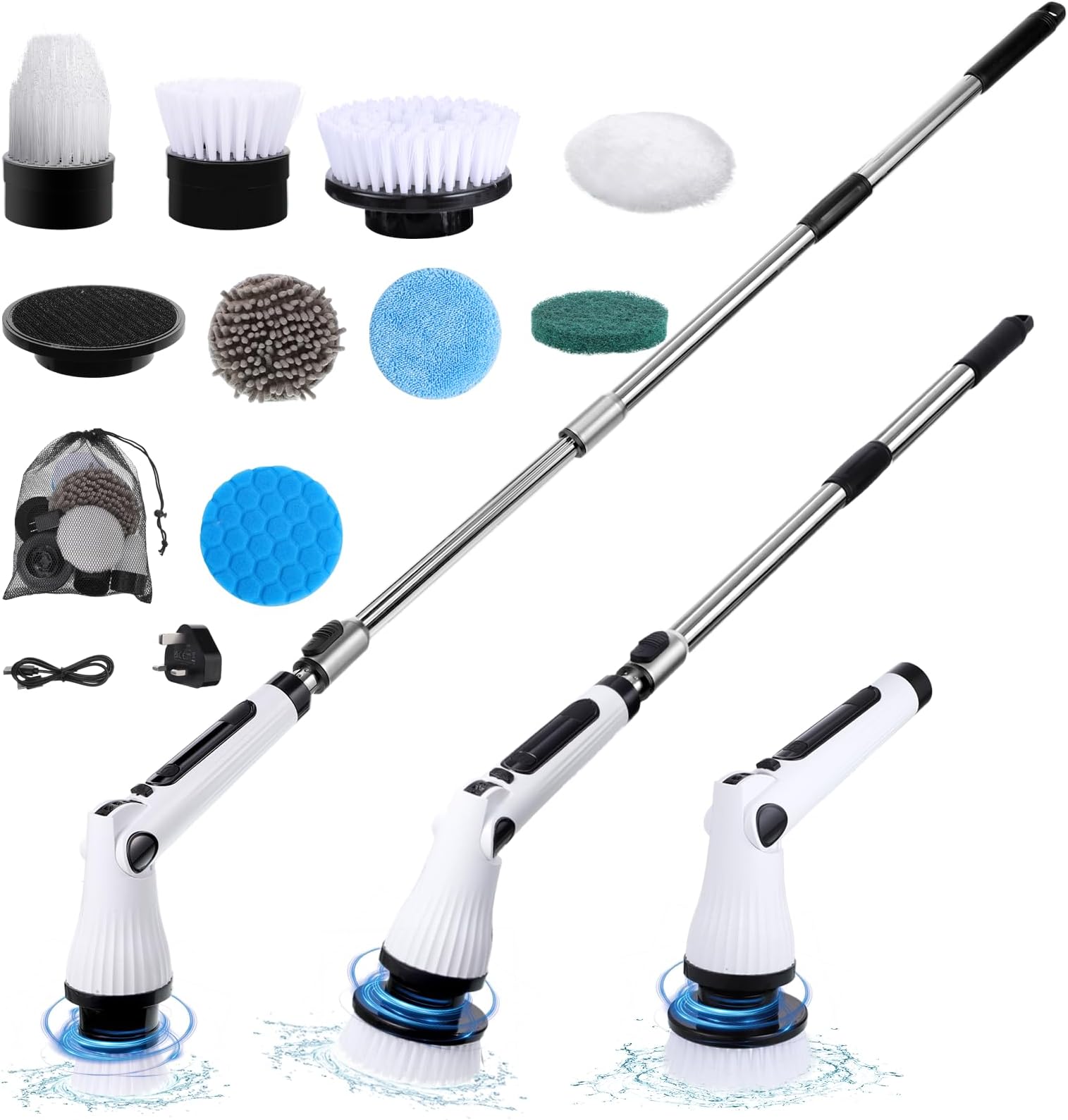 Electric Spin Scrubber, Cordless Scrubbing Brush with 8 Replaceable Brush Heads, 2 Speeds Electric Cleaning Brush with Adjustable Extension Handle for Bathtub, Kitchen, Floor,Tub, Tile