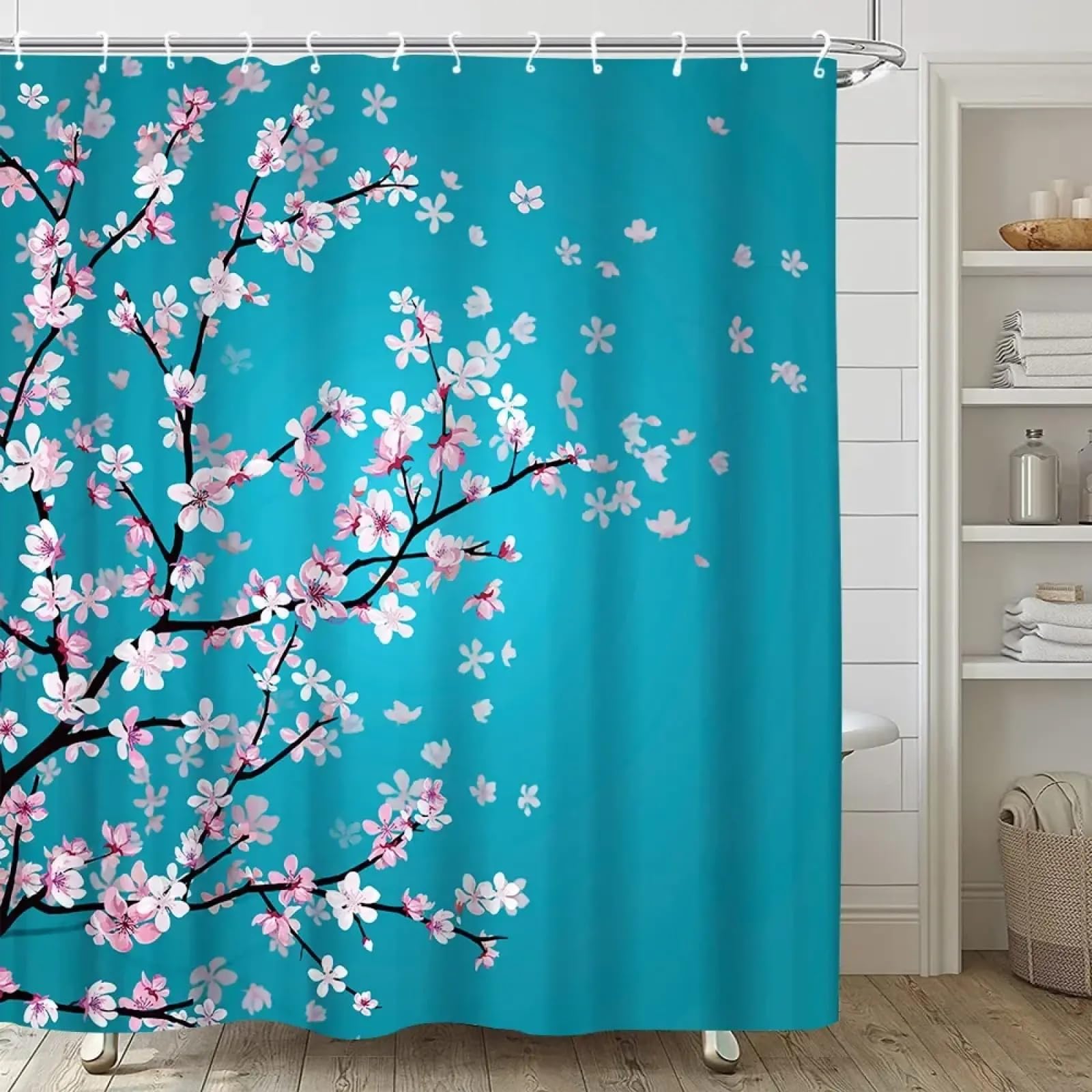 Rideau de douche fleurs de sakura anti-moisissure en tissu lavable pour salle de bain