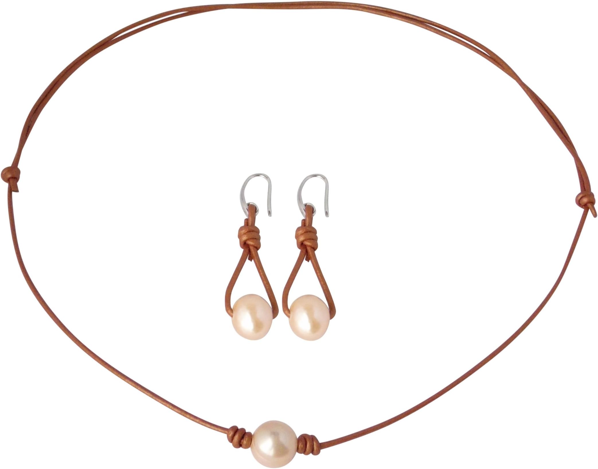 Simply Poppies 15" to 30" Adjustable Leather Cord and Pearl Choker with Single Pearl Drop Earrings Set (Bronze-Champagne)