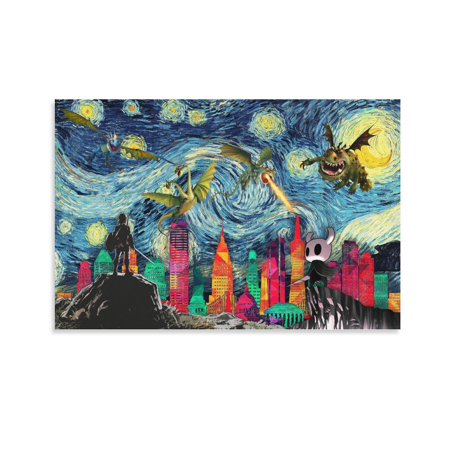 SNKB Hollow Knight Under The Starry Night, Taming The Dragon Poster Decorative Painting Canvas Wall Art Living Room Posters Bedroom Painting 16x24inch(40x60cm)