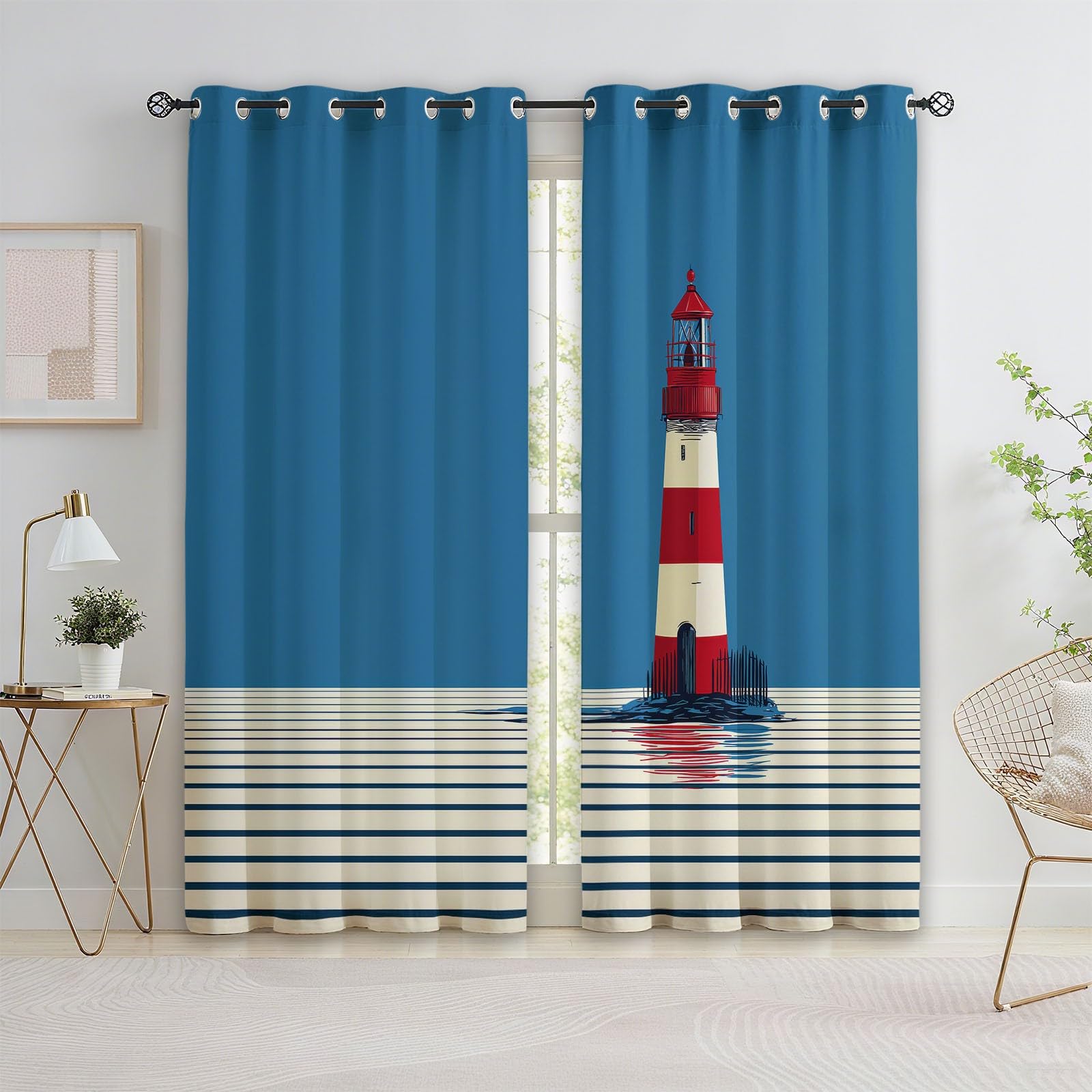 Générique Rideau Occultant Marin Isolation Thermique et Réduction du Bruit 140L x 245H cm (2 Panneaux) - Rideaux Phare Classique Rouge Et Blanc Rayures avec Oeillets pour Chambre Salon