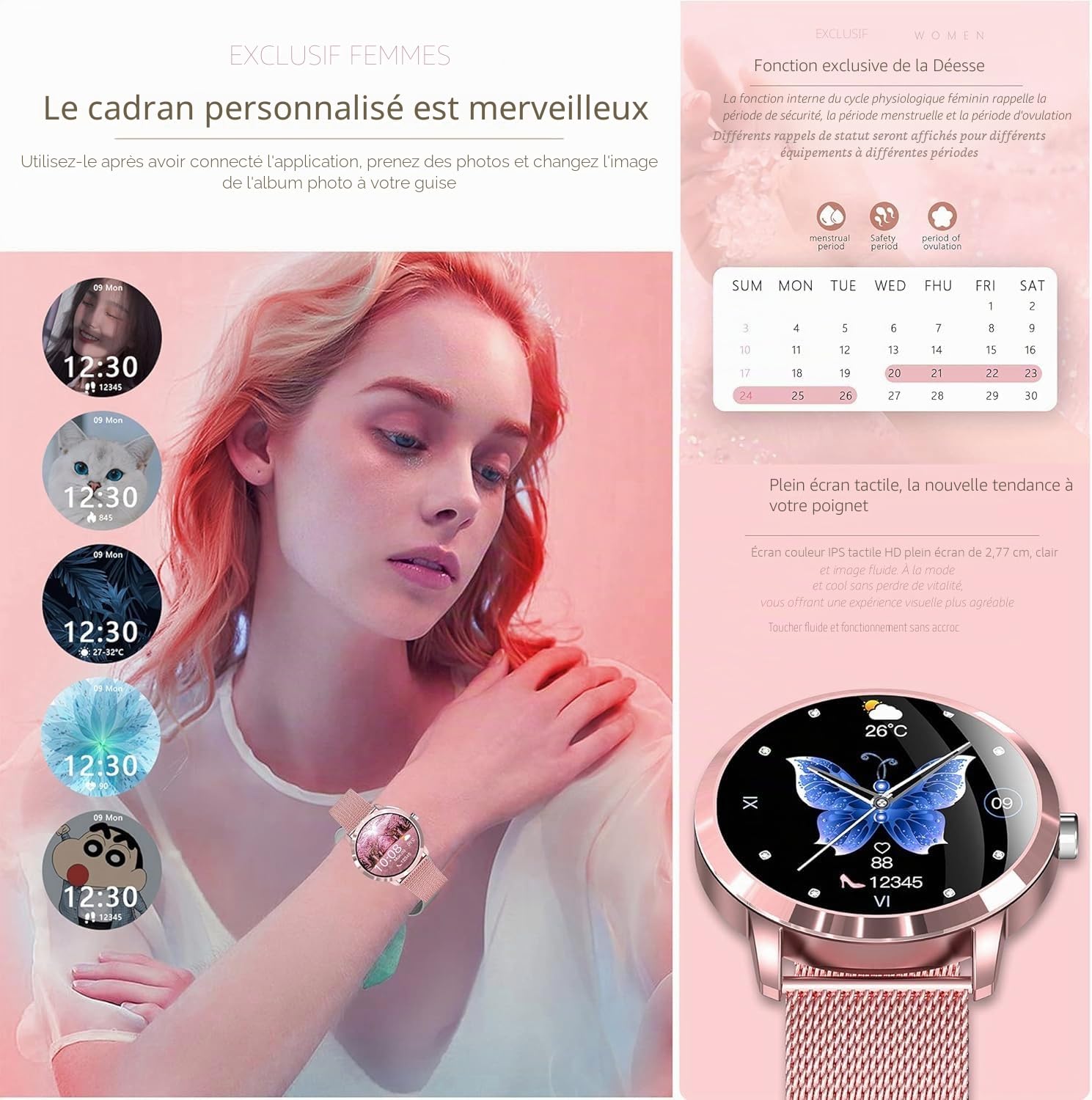 Montre intelligente pour femme, écran AMOLED de 1,32 pouces avec fonction téléphone, tracker de fitness, 123 modes sportifs, moniteur d'activité avec tension artérielle, moniteur de sommeil, podmètre
