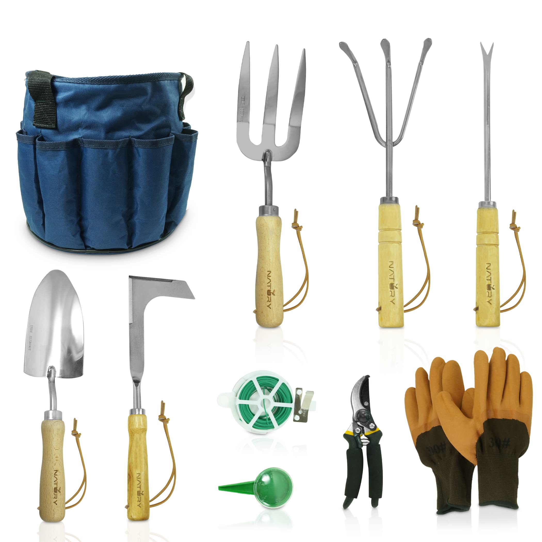 Juego de herramientas de jardín - Herramientas manuales de jardinería de acero inoxidable premium con mango de madera de haya maciza, kit de jardinería con rastrillo, pala, guantes