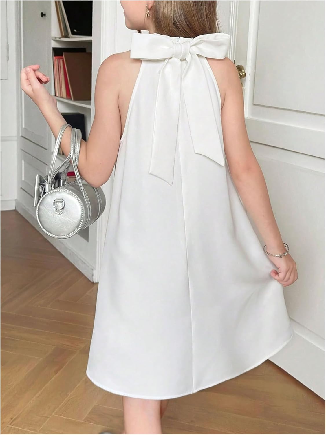 Floerns Girl's Elegant Bow Pearl Beaded Halter Dress Twist Knot Sleeveless Straight Short Dresses - Image 4