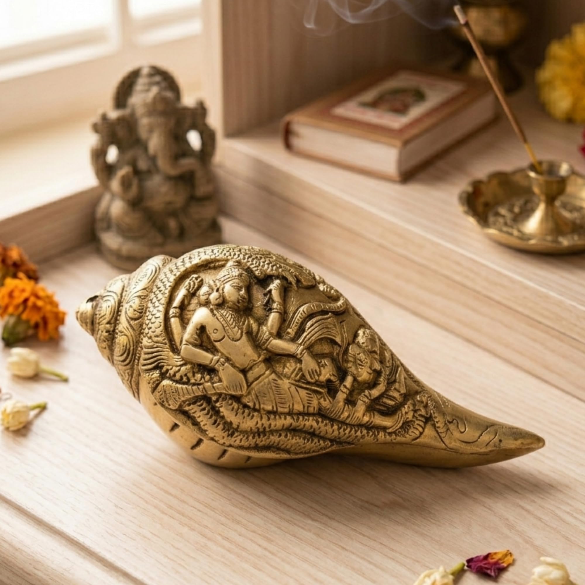 100% Pure Brass Shankh (Conch Shell) Antique Gold Finish (12cm, 1.4kg) – Vastu Shankh for Pooja, Home Decor, Mandir, Spiritual & Religious Gift-picture-29