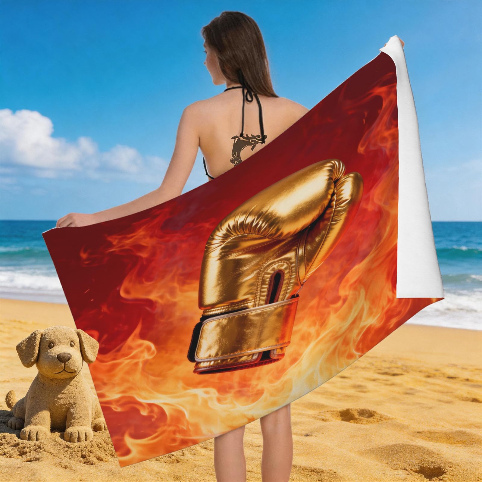 Leichong 3D Boxing Beach Towel Microfiber Soft Quick Dry for Adults, Chic Flame Bath Towel Lightweight Soft Absorbent for Travel Swimming Pool Sports, 75 x 150 cm