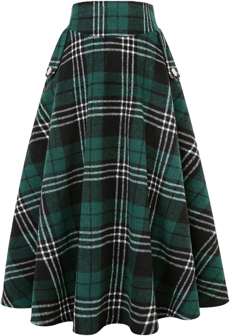 IDEALSANXUN Women’s Fall Winter High Waisted Wool Plaid A-line Long Skirt
