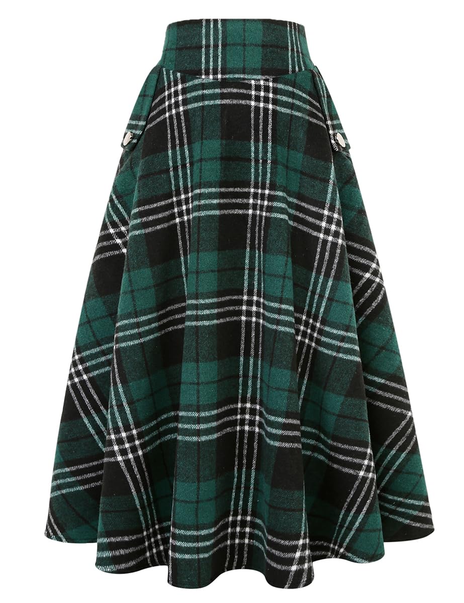 IDEALSANXUN Women’s Fall Winter High Waisted Wool Plaid A-line Long Skirt