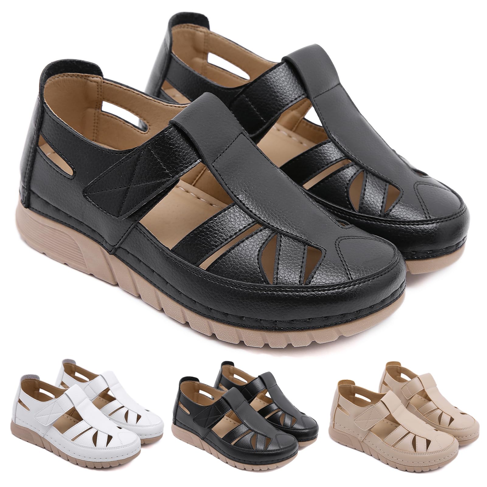 Sandales orthopédiques femme en cuir noir pour marche d'été confortable