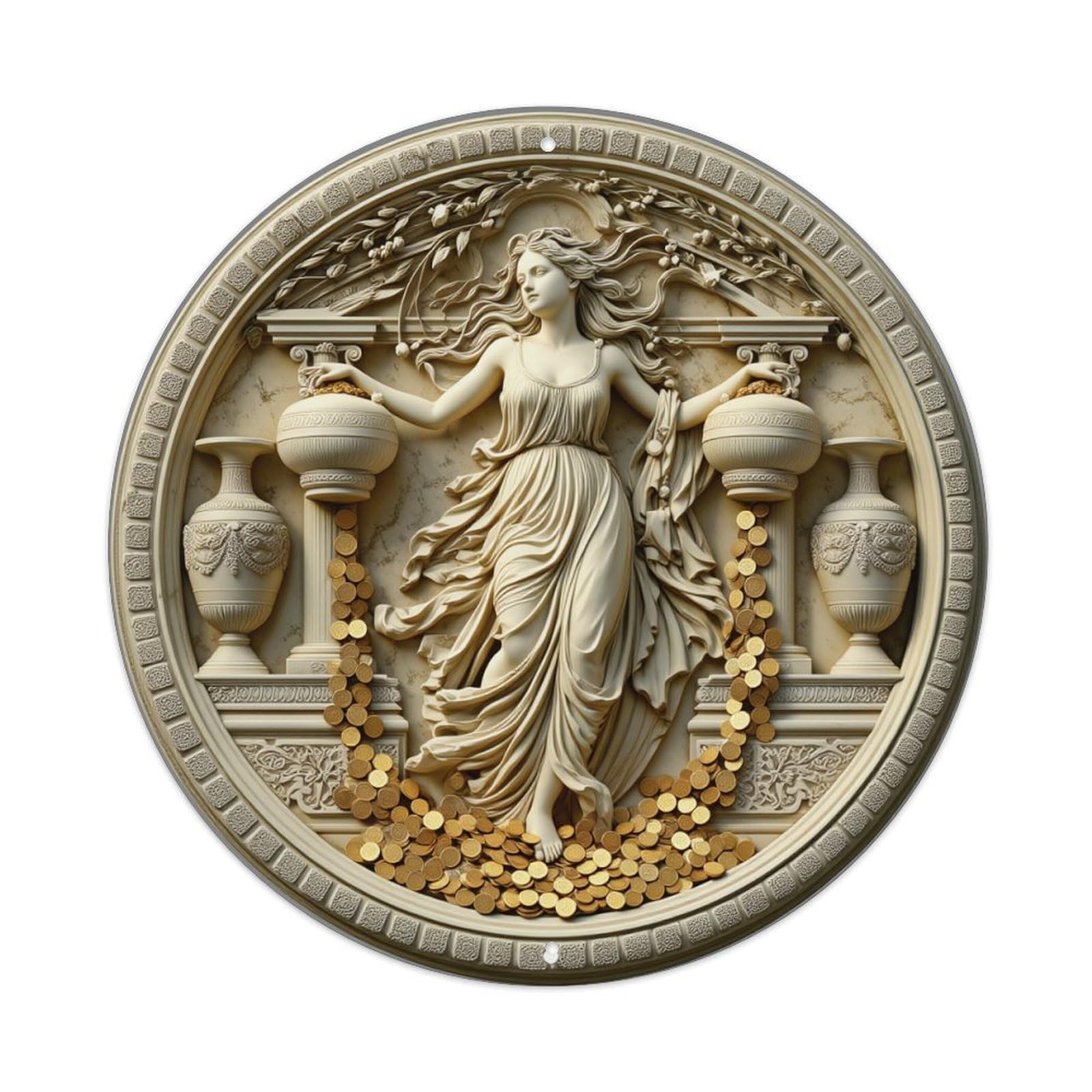 Classical Goddess With Coins And Vases Round Tin Sign Vintage Metal Poster, Home Bar Garage Man Cave Cafe Indoor & Outdoor Wall Decoration 8x8Inches