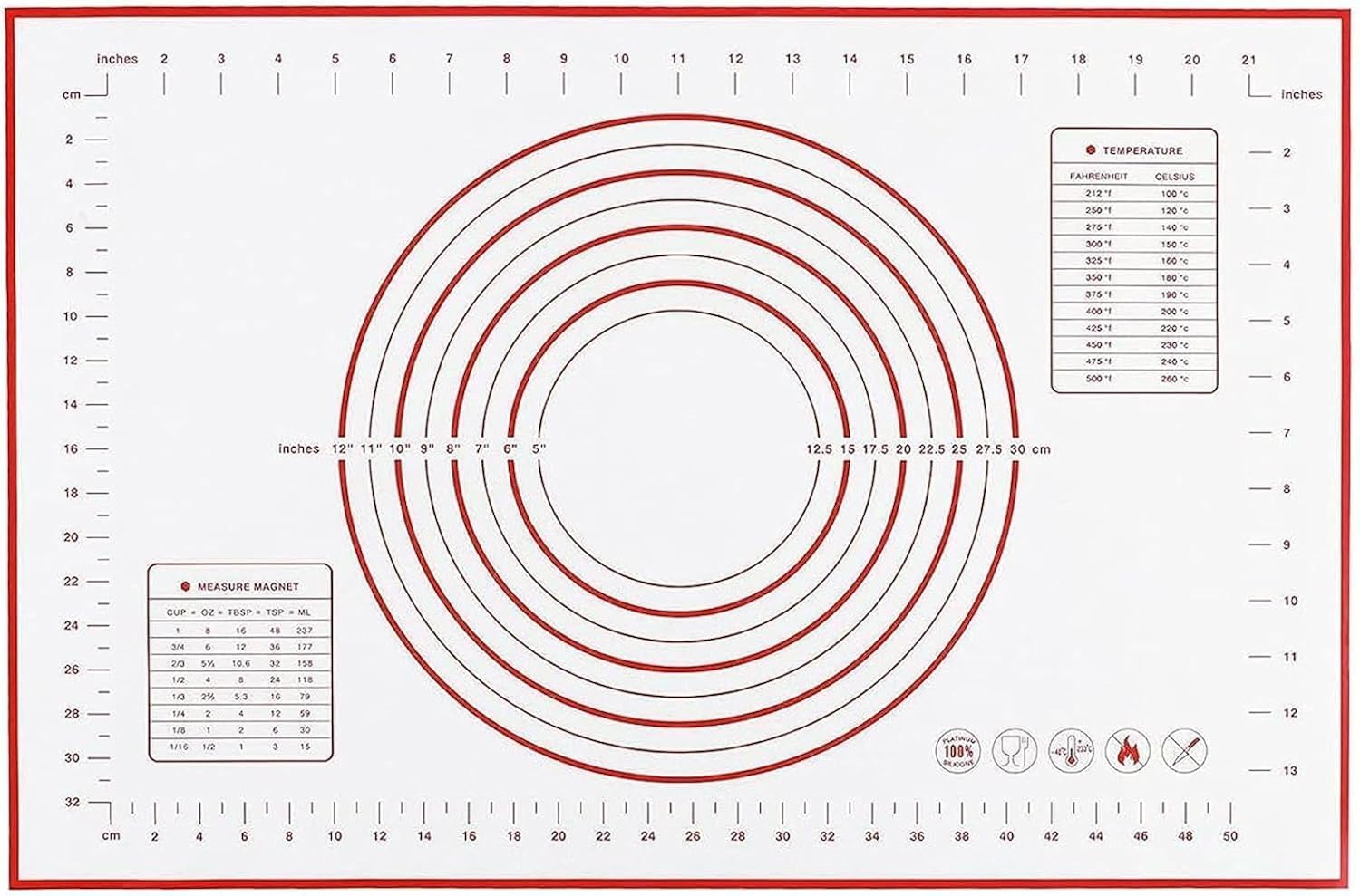 Home-Brand Home Brand Baking Mat, Non Stick Silicon Rolling Pastry Mat, Kneading Pad Sheet Glass Fiber Rolling Dough Large Size For Cake Macaron Kitchen Tools, Red, White