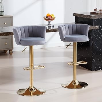 Swivel Bar Stools Set of 2, Velvet Upholstered Bar stools with Golden Metal Adjustable Legs, Modern Barstools with Back for Kitchen, Dining Room, Counter, Grey