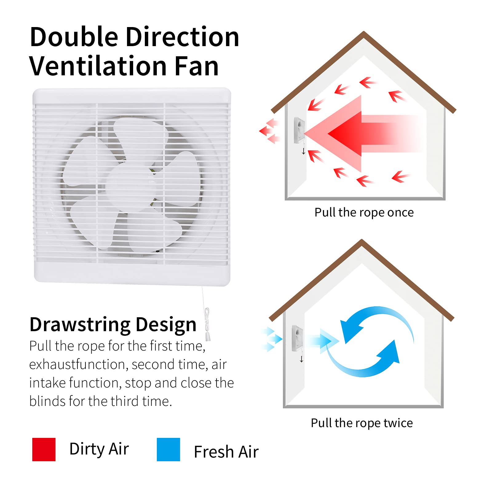Exhaust Shutter Fan 300 CFM, 2 Direction Reversible Strong Airflow Wall