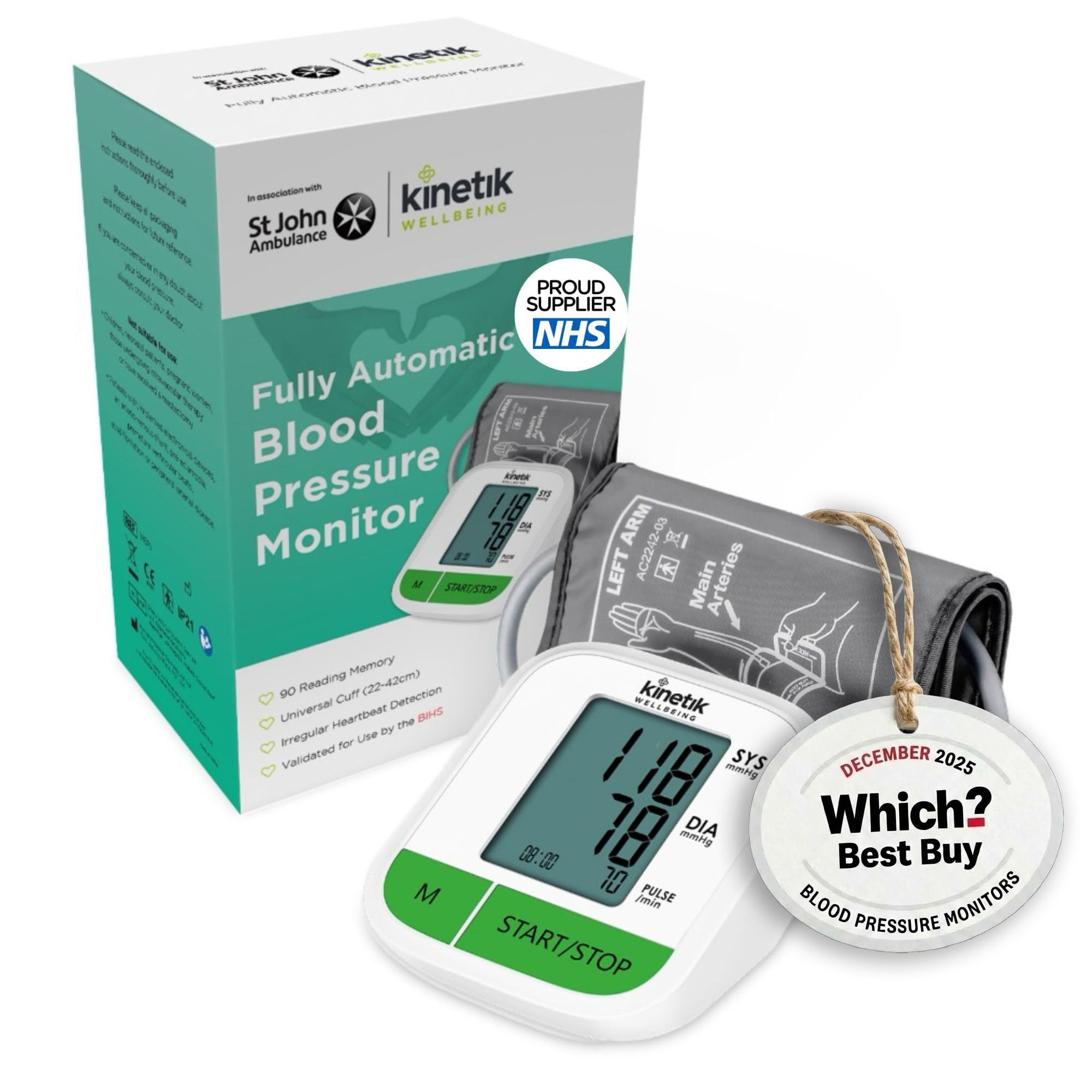 Kinetik Wellbeing Blood Pressure Monitors Large Cuff Universal (22-42cm) - Fully Automatic Upper Arm Blood Pressure Machine - Used by the NHS - Home Use Bp Monitor with Irregular Heartbeat Detection