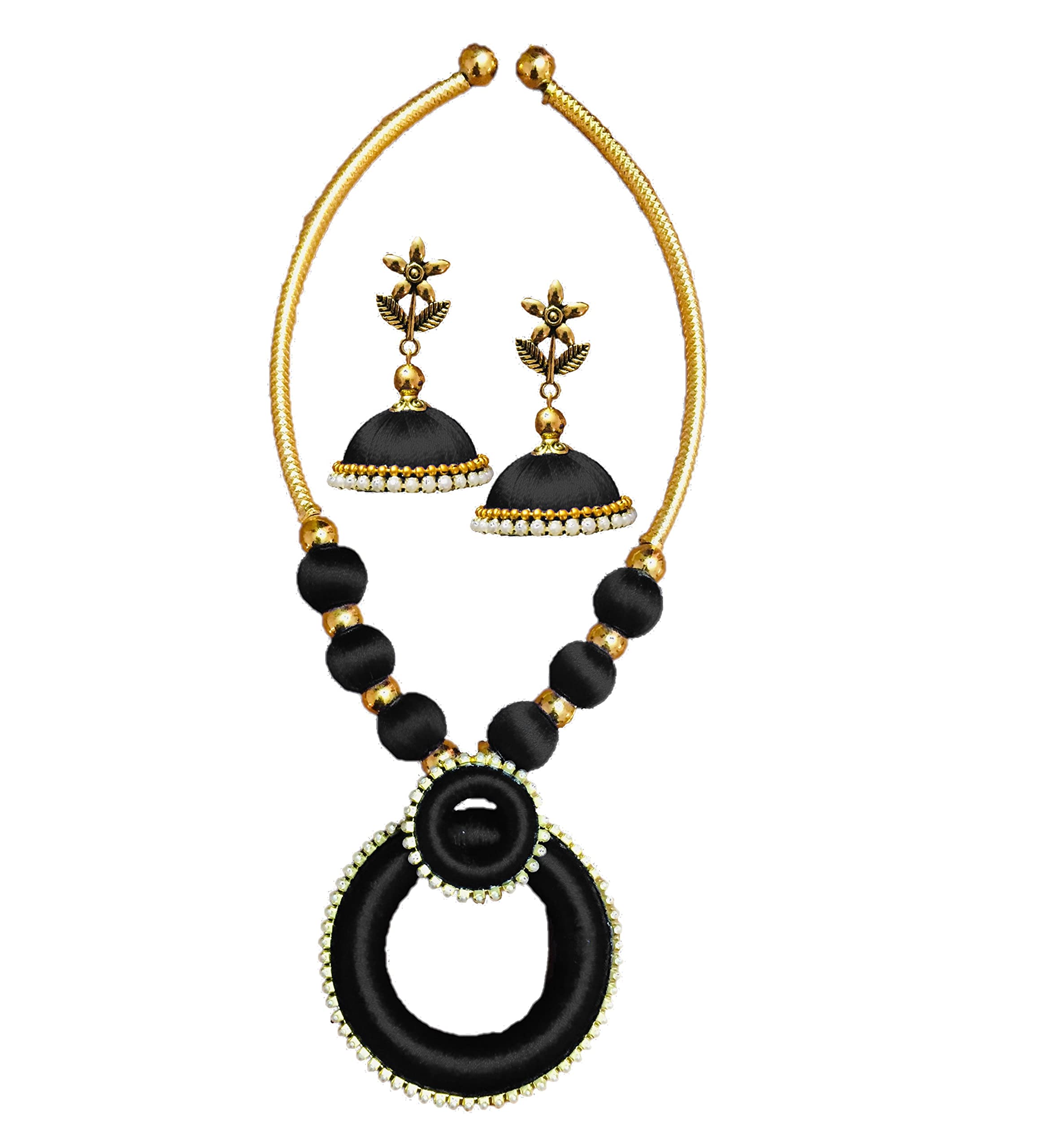 Ambal Antique Silk Thread Flower Necklace with Stud and Jhumka Earrings for Women(Black) (B098P9S2DC) Amazon Price History, Amazon Price Tracker