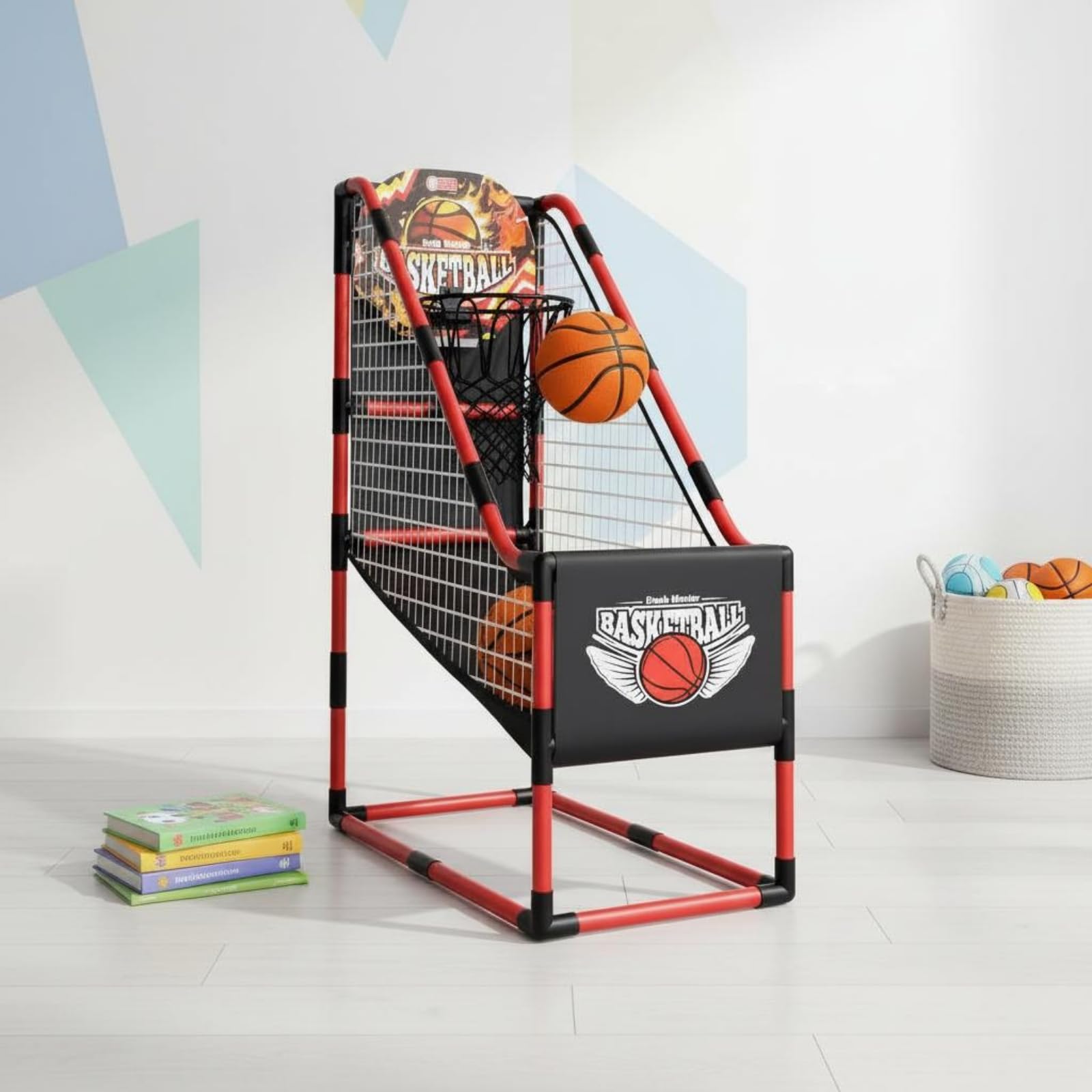 Gralara Canestro da Basket Bambini Set Gioco Basket Mini Canestro Cornice Autoportante Due Borsa a Rete Organizzazione in Plastica per Gioco Attivo Famiglia