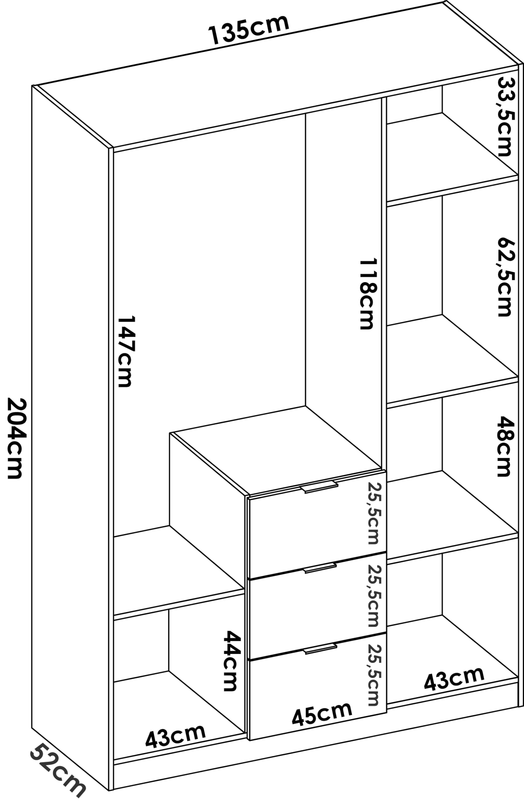 DEKIT GRUPO RIMOBEL Armario ropero 3 Puertas + 3 cajones, 135x204x52 cm