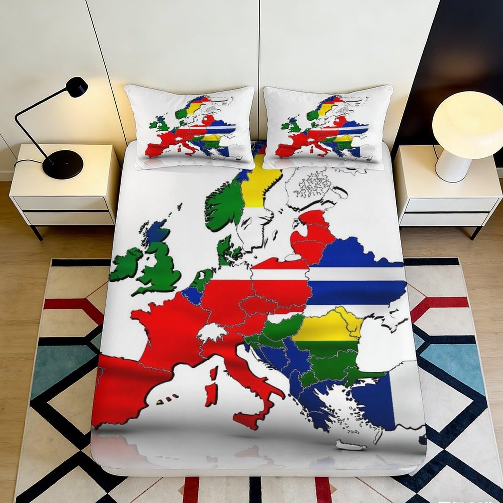 3D Printed Europe Map Fitted Sheet Microfiber Soft Colorful Country Pattern Mattress Cover for Bedroom Dorm Decor 119 200x200x25cm