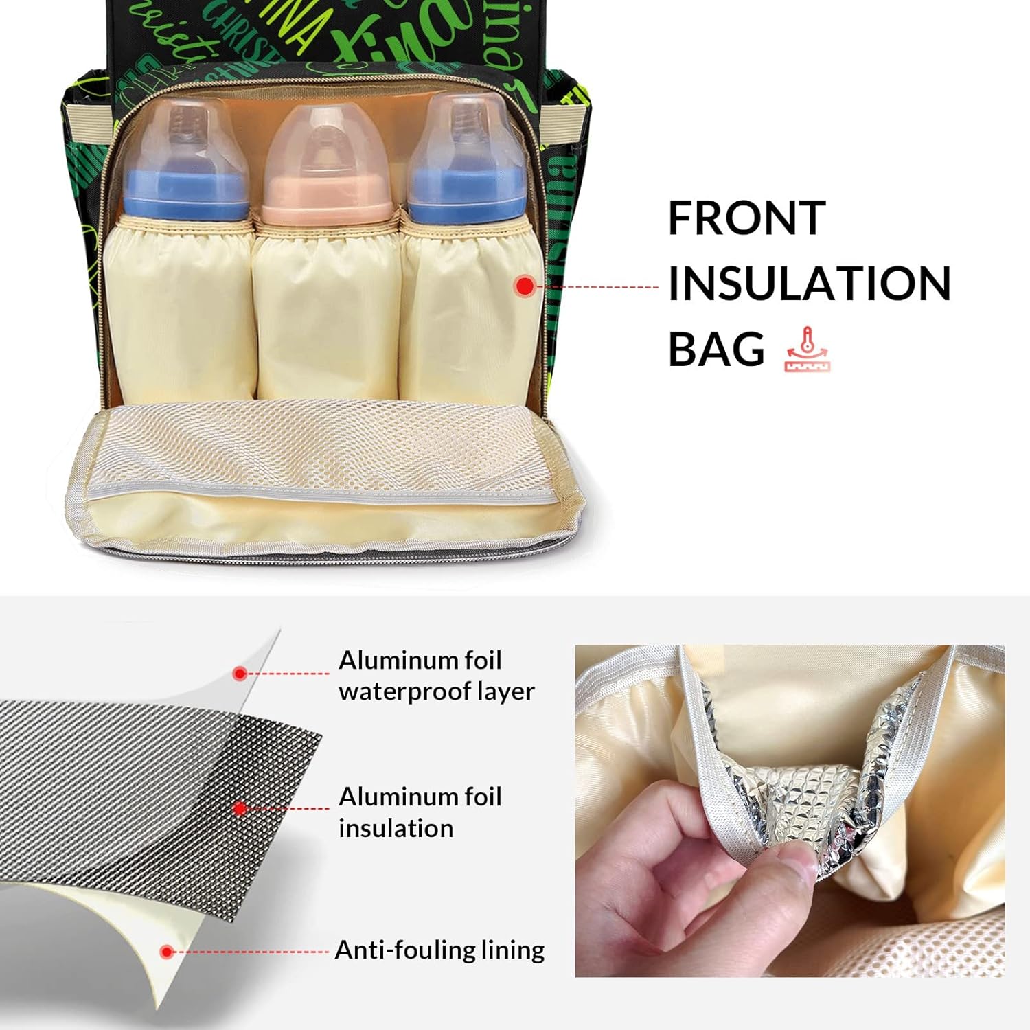 Personalized Nappy Diaper Bag with Green-Black - Custom Name Casual Mommy Nursing Daypack, Multifunctional Nylon Backpack for Baby Boy Girl