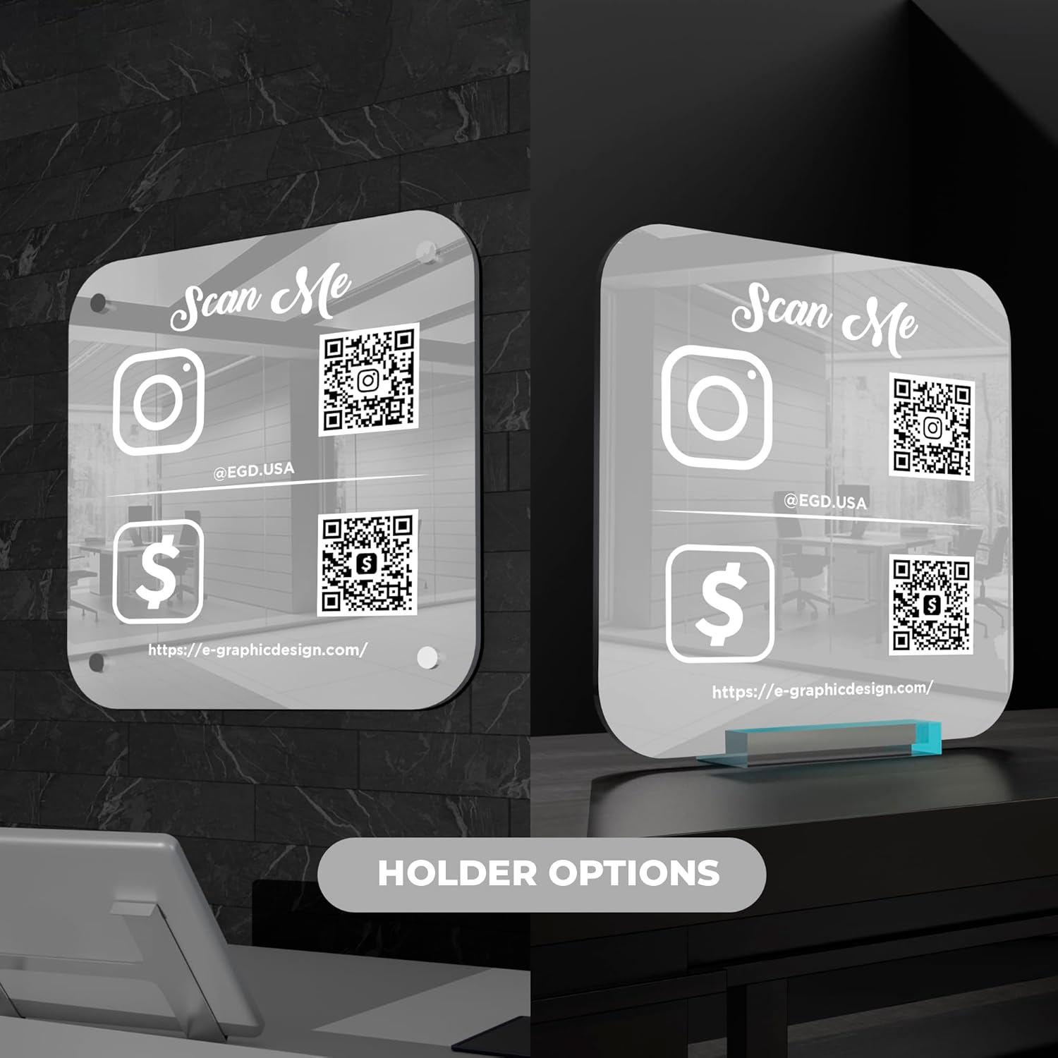 EGD Personalized Social Media QR Code Sign for Business | Facebook Instagram Sign | Custom Signs for Business I Standoff Screws Included I Multiple Color and Holder Options | Wide 10"x 10" Height