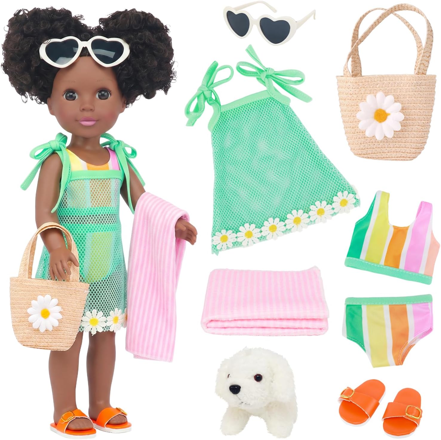 ZITA ELEMENT 14.5" Doll Beach & Swimming Play Set Includes 8 Accessories | Summer Fun Set with Swimsuit Puppy Sunglasses Cover-up Shoes Blanket Bag, Pretend Doll beach& Pool Play, Gift for Ages 3+