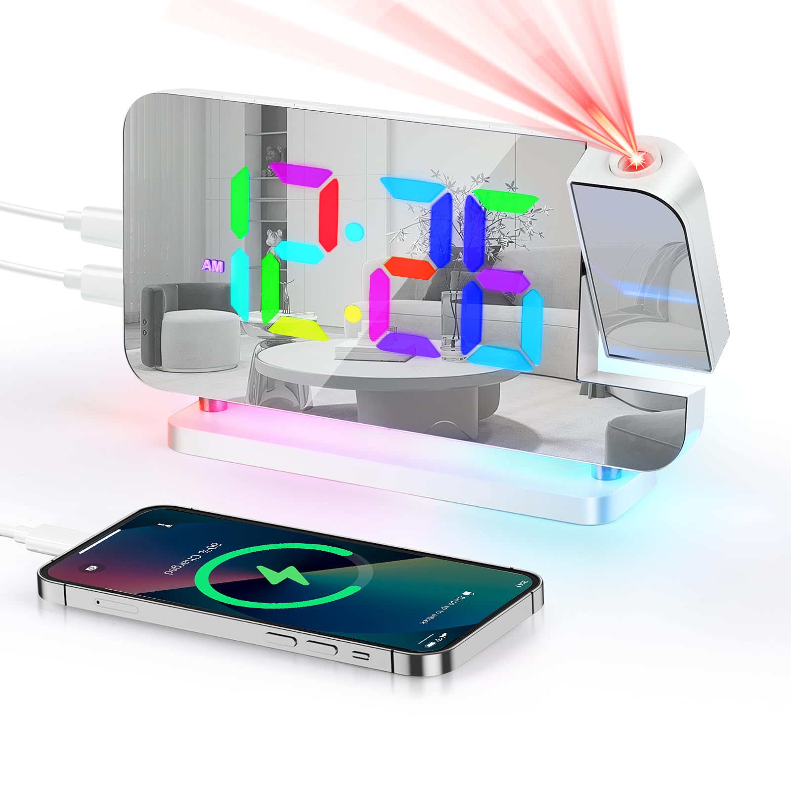 Euakee Réveil Numérique, Réveil avec Projection, Horloge Miroir LED 7.4", Veilleuse 10 Couleurs, Projecteur Rotatif 180°, Chargeur USB-C, Réveils Projection pour Enfants Chambre Filles Garçons (Blanc)