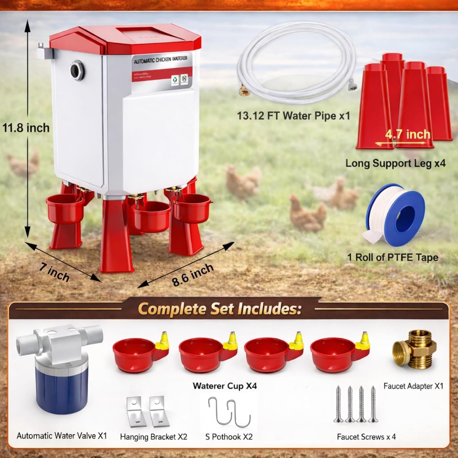 2 Gallon Automatic Chicken Waterer with Float Control, Hanging & Standing Poultry Water Feeder for Chickens, Ducks, Quail, Connect to 3/4'' Faucet & Hose, Easy Installation & Reliable Supply (Red)
